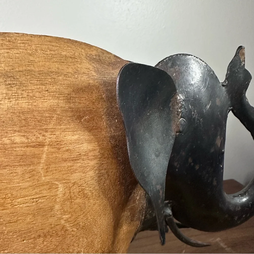Pier 1 Imports Tropical Hardwood and Tin Hand Carved Elephant Figurine 10” Decor